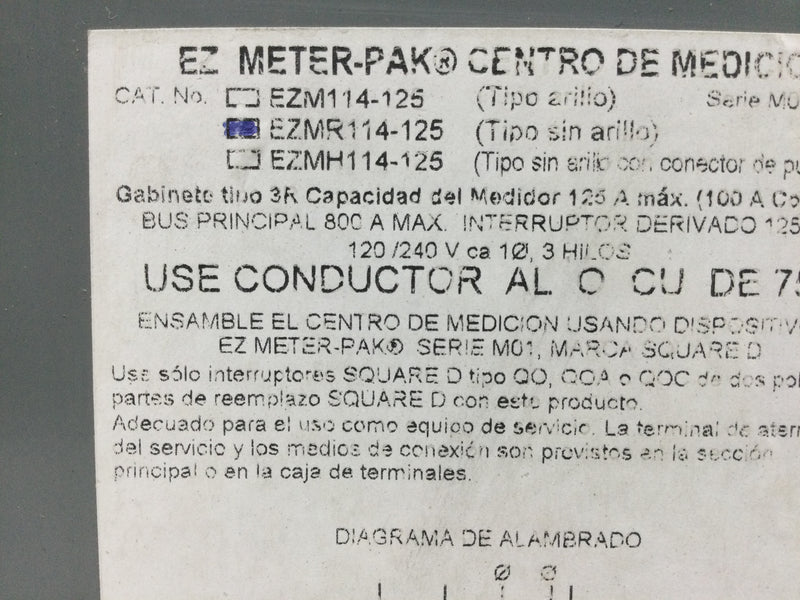 Square D EZMR114125 Branch unit, EZ Meter-Pak, 125A, 4 x 5 jaw sockets, 120/240VAC, no bypass, ringless, 800A Al busbar (Cover Only) 47 3/4" x 12"