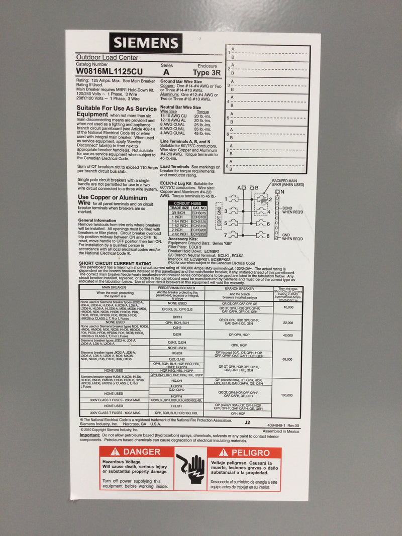 Siemens W0816ML1125CU Outdoor Load Center Cover Only Nema 3R 125Amp 120/240V 14 5/8" x 12 1/4"