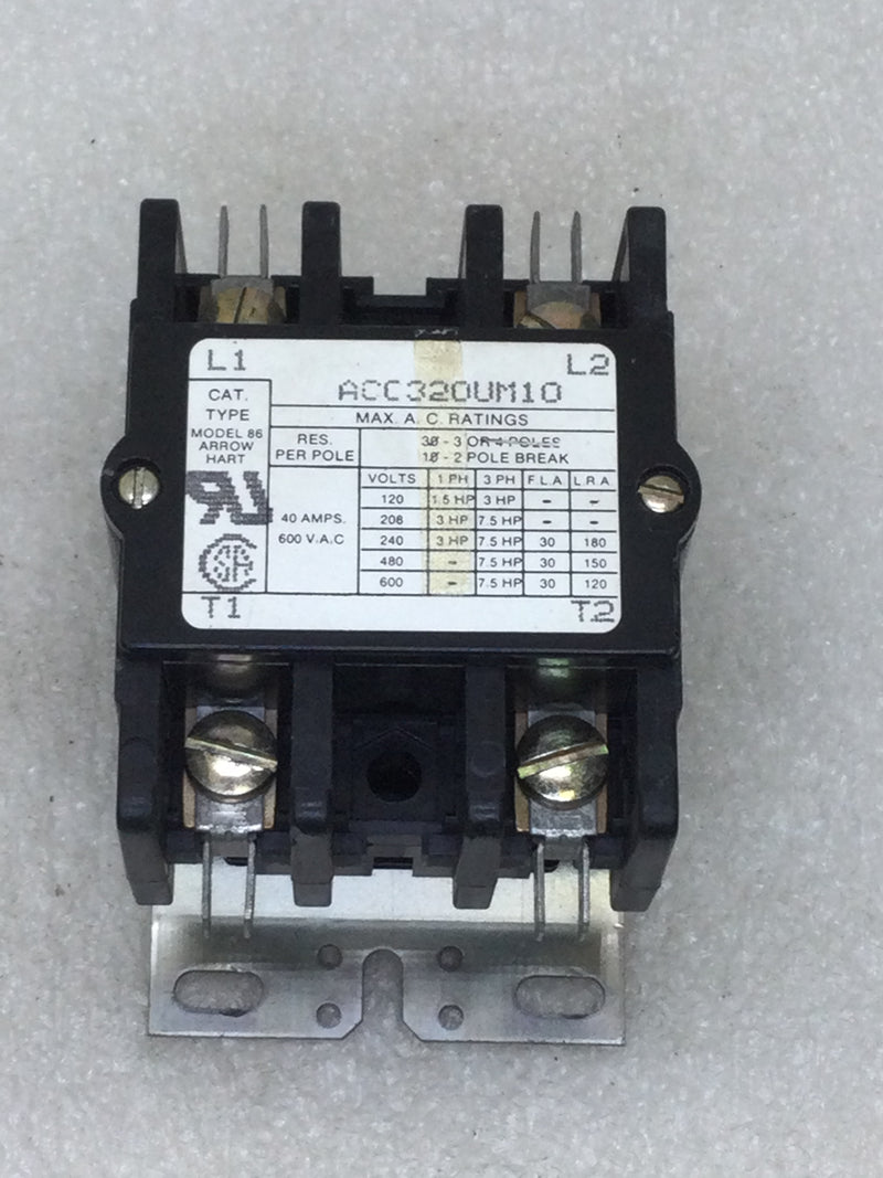 Arrow Hart ACC320UM10 Magnetic Contactor 30/40 Amp 2 Pole 120/208/240/480/600 VAC