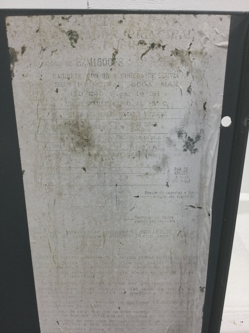 Square D EZM1600FS Front Cover (53 1/2" x 18 1/4") - Schneider Electric EZM1600FS Main fusible (Class T) switch unit, EZ Meter-Pak, 600A, 120/240VAC, 1ph/3W, 600A bus, OH/UG, Type 3R