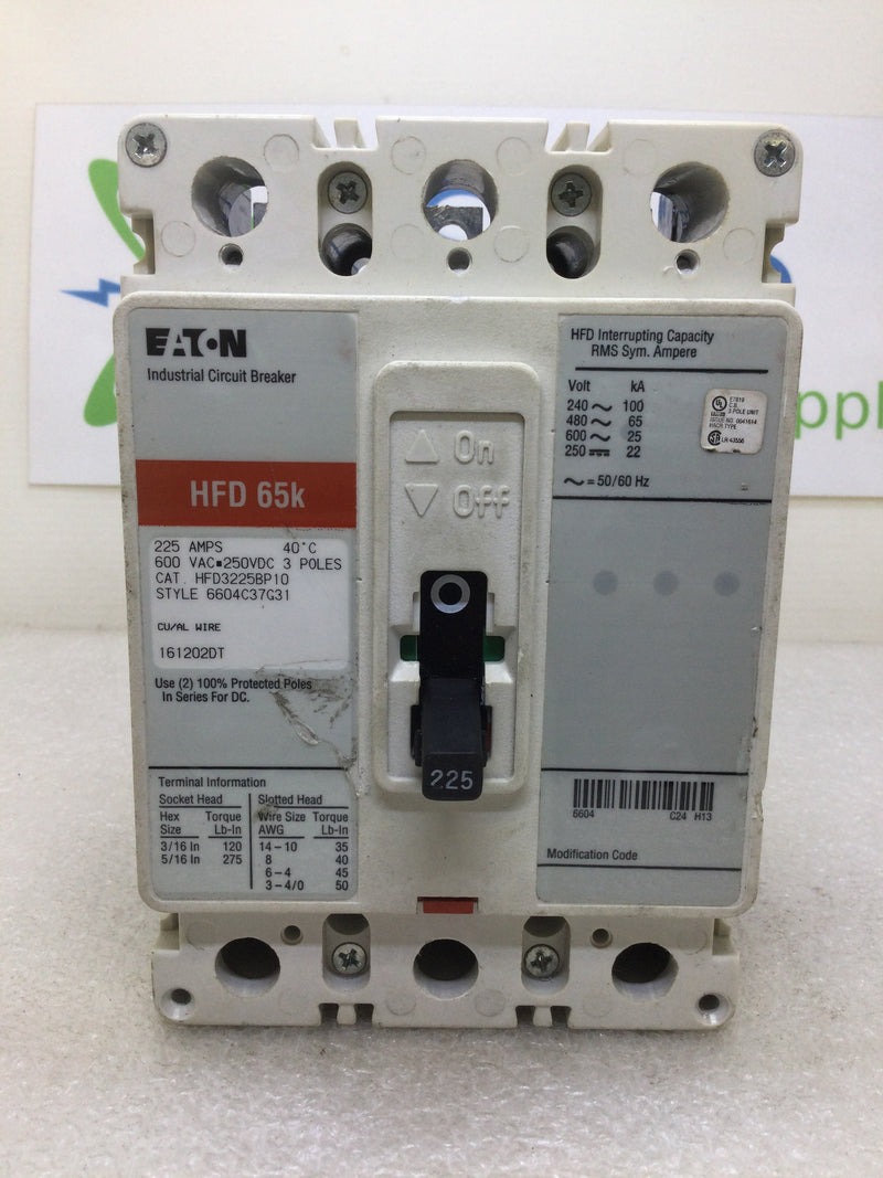 Eaton HFD3225BP10 225 Amp 3 Pole 600Vac HFD 65K Circuit Breaker