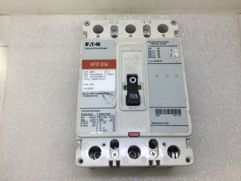 Eaton HFD3225BP10 225 Amp 3 Pole 600Vac HFD 65K Circuit Breaker