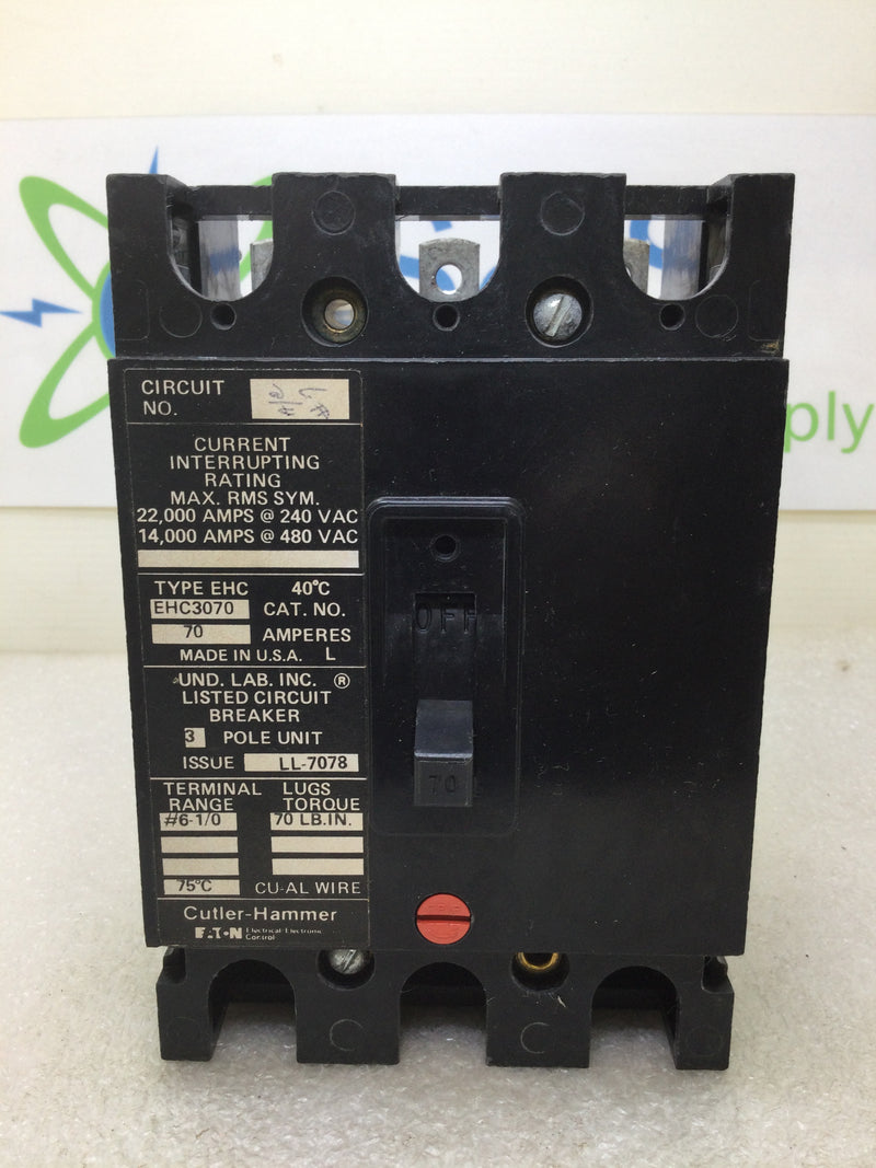 Cutler Hammer EHC3070 70 Amp 3 Pole 480Vac Circuit Breaker