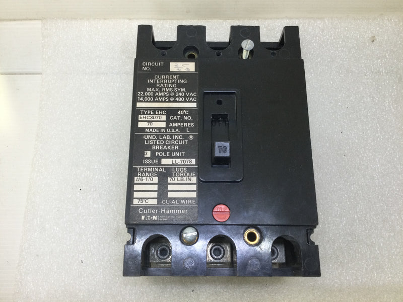 Cutler Hammer EHC3070 70 Amp 3 Pole 480Vac Circuit Breaker