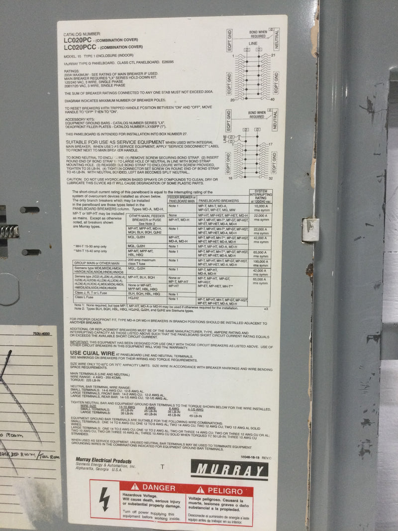 Arrow Hart Murray LC020PC/PCC Load Center Cover/Door Only 200 Amp 120/240V 28 3/8" x 15 5/8"