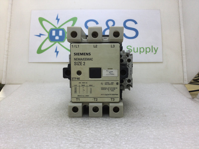 Siemens 3TF4622-OAK61 45 Amp 600 VAC Non-Reversing Contactor 120 VAC Coil with2 NO and 2 NC Contacts