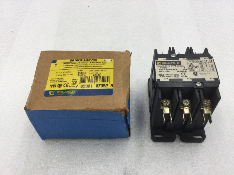 Square D 8910DPA33V09 Definite Purpose Contactor 600VAC 30 Amp 208-240 VAC Coil