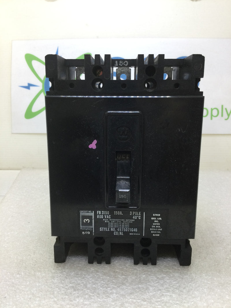 Westinghouse FB3150 150 Amp 3 Pole 600Vac Circuit Breaker