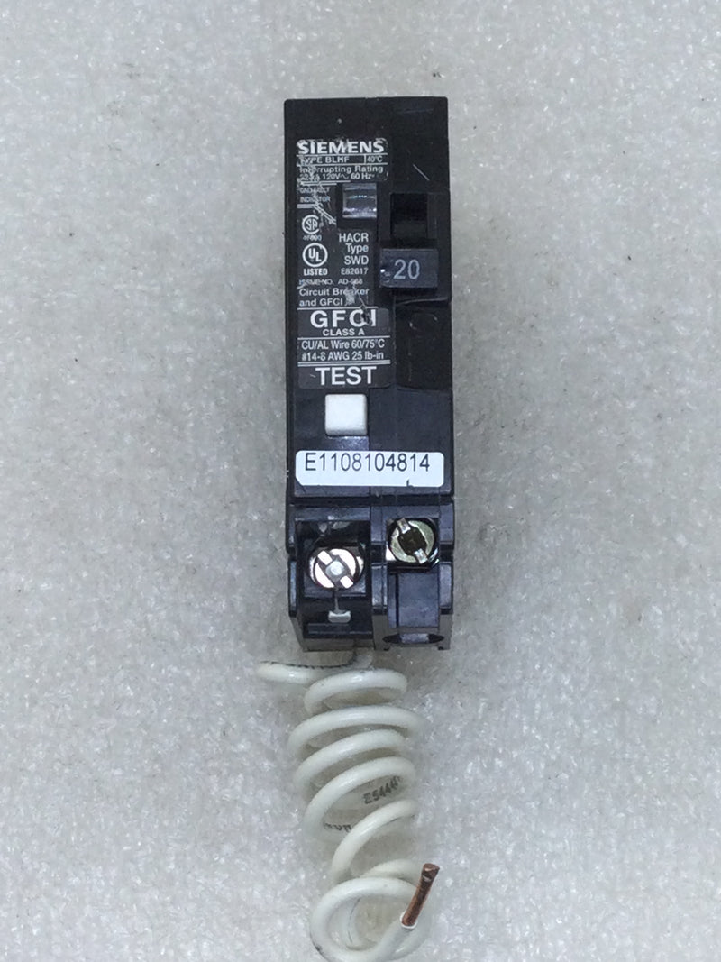 Siemens BLHF120 GFCI Circuit Breaker 20 Amp Single Pole 120 VAC 22K