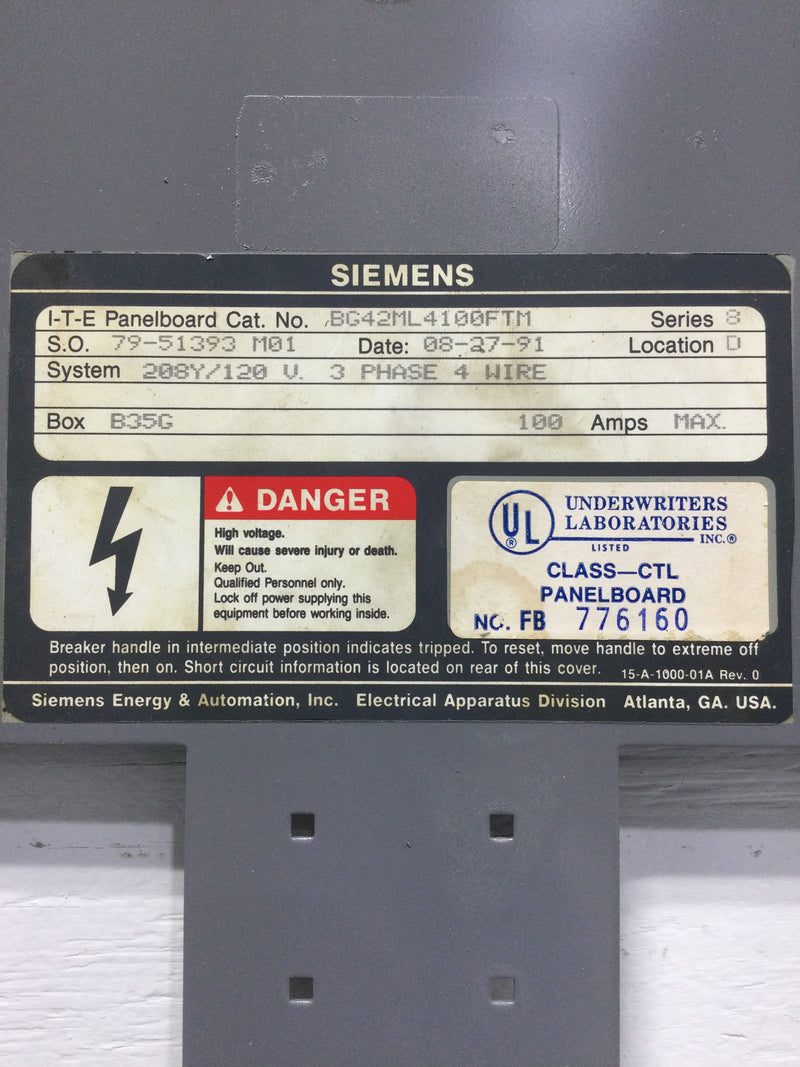 Siemens ITE BG42ML4100FTM Dead Front Only 42 Space 120V 3 Phase 4 Wire 30" x 13"