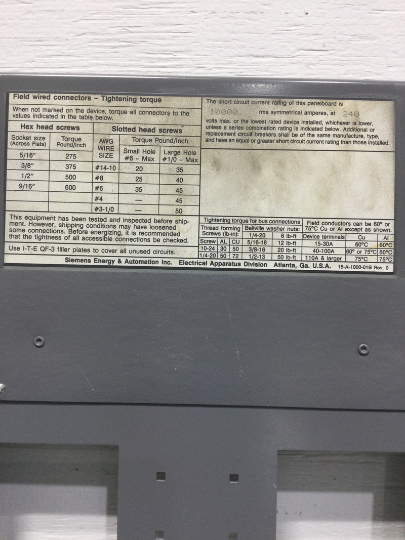 Siemens ITE BG42ML4100FTM Dead Front Only 42 Space 120V 3 Phase 4 Wire 30" x 13"