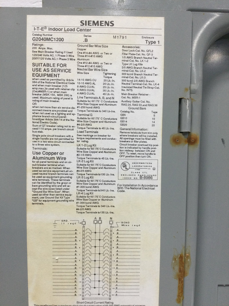 Siemens G2040MC1200 200 Amp 120/240v 1 Phase 3 Wire 20 Space with Main Series E Type 1 Enclosure 34 1/8" x 15 1/2"