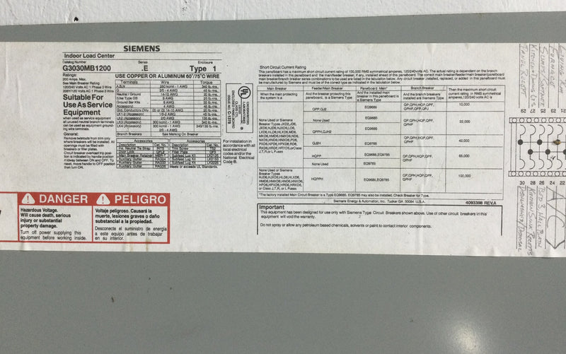 Siemens G3030MB1200 Cover/Door Only 30 Space with Main 200 Amp 120/240V 1 Phase 3 Wire 37 1/8" x 15 1/2"