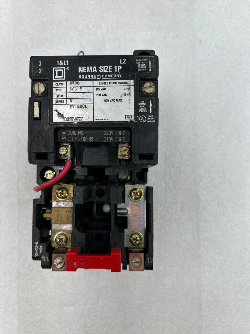 Square D 8536SCG2 Size P1 120v Series A 1 Phase 120/230v Coil 120v Contactor 8536SCG-2