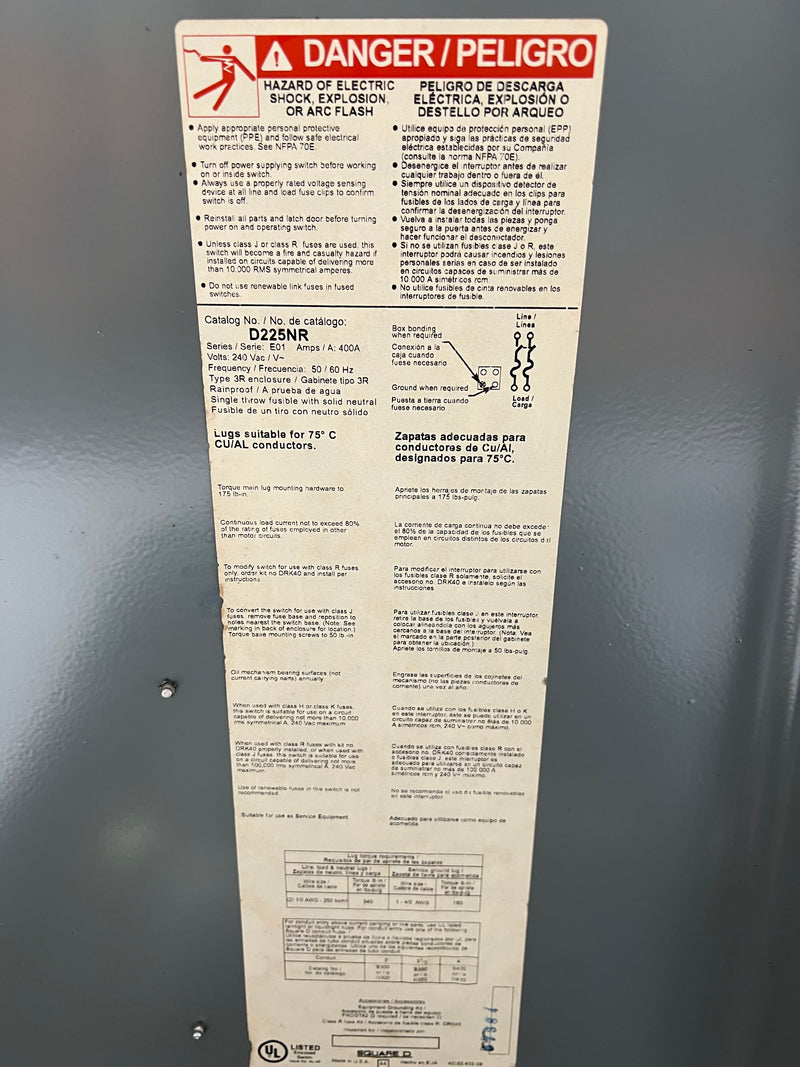 Square D D225NR 400 Amp 240VAC Fusible Disconnect Single Phase Nema3R Series E01