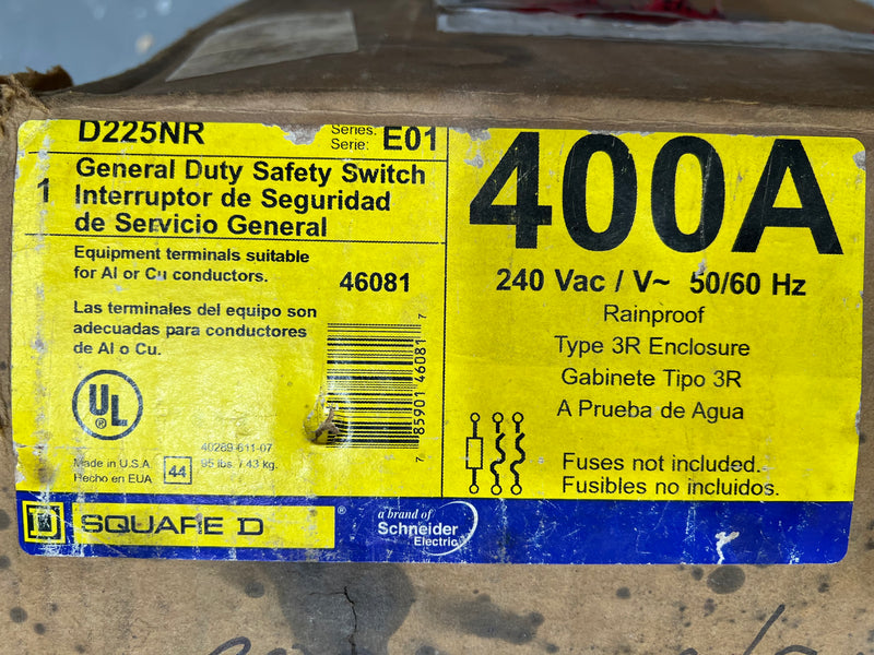 Square D D225NR 400 Amp 240VAC Fusible Disconnect Single Phase Nema3R Series E01