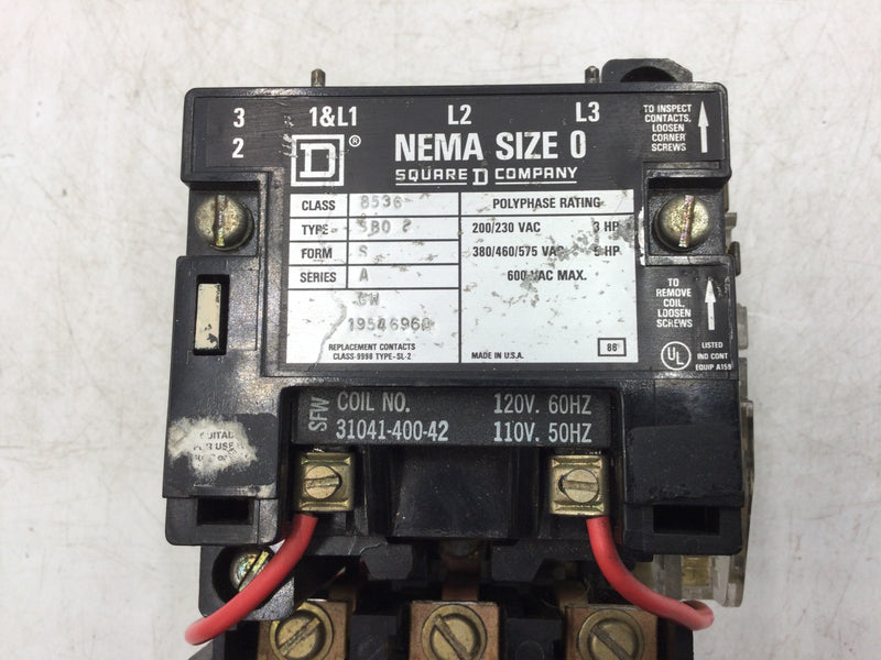 Square D 8536SBO2SA Motor Starter NEMA 600VAC Max. Size 0