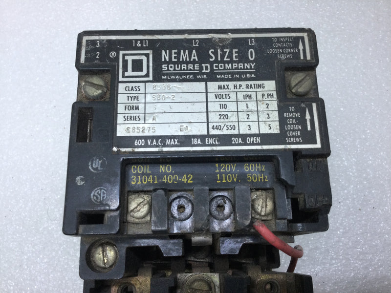 Square D 8536SBO2SA Motor Starter NEMA 600VAC Max. Size 0