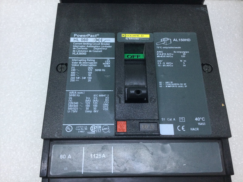 Square D HLA36060 60 Amp 3 Pole 600V I Line PowerPact Circuit Breaker