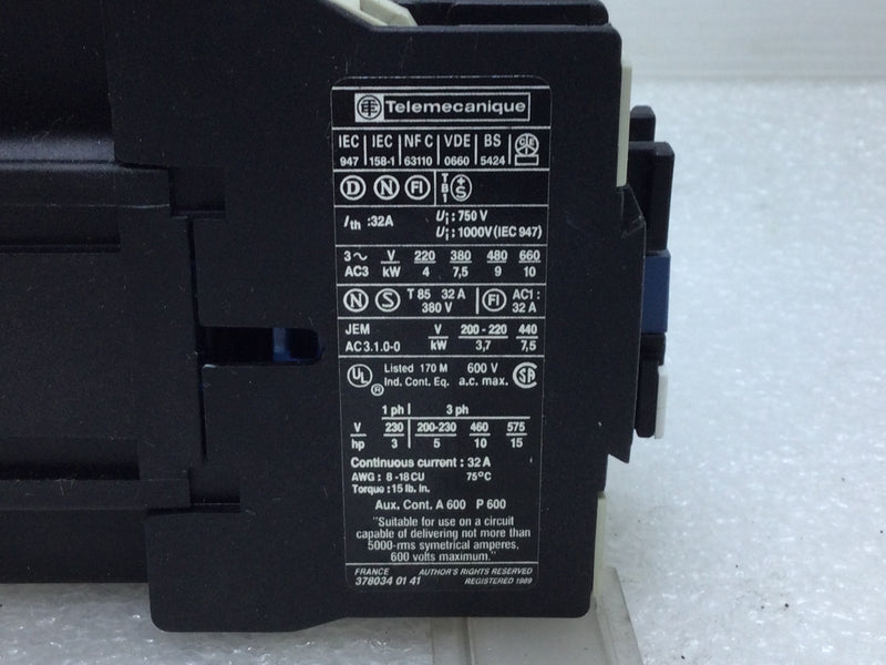 Telemecanique LC1 D18 01 AC Contactor 18 Amp 3-Pole 110C 50/60Hz 3-Phase