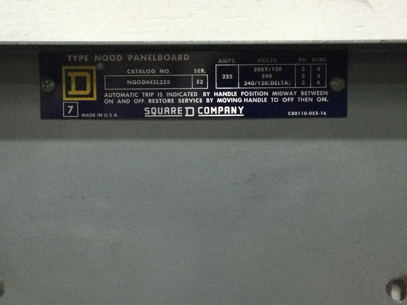 Square D NQOD442L225 225 Amp 3 Phase 4 Wire Series E2 Panelboard 50"x 20" w/Q2L3200 Circuit Breaker