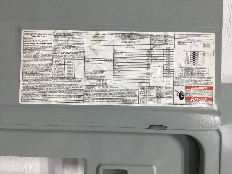 Eaton/Cutler-Hammer BRP40NC200 200 Amp Max 120/240V 40 Spaces 80 Circuits 1 Phase 3-Wire Panel Cover with Main 40" x 15 3/8"