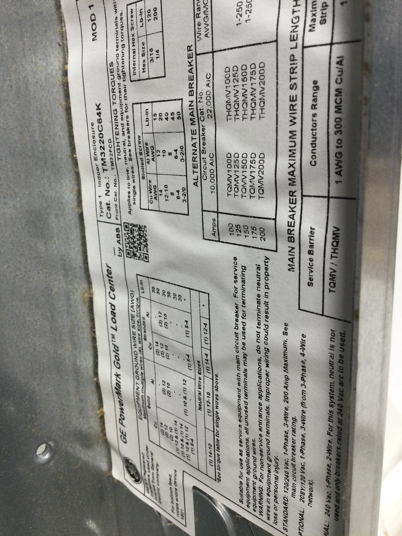 GE General Electric TM3220C64K 200 Amp 32-Space 64-Circuit Main Breaker Indoor NEMA1 Load Center Value Pack