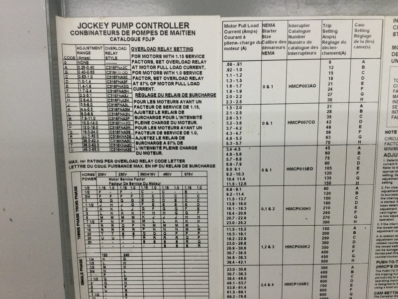 Cutler Hammer FDJP-1.5D Jockey Pump Controller Can Only with Auto/Hand Switch and Reset Button 10" x 23"