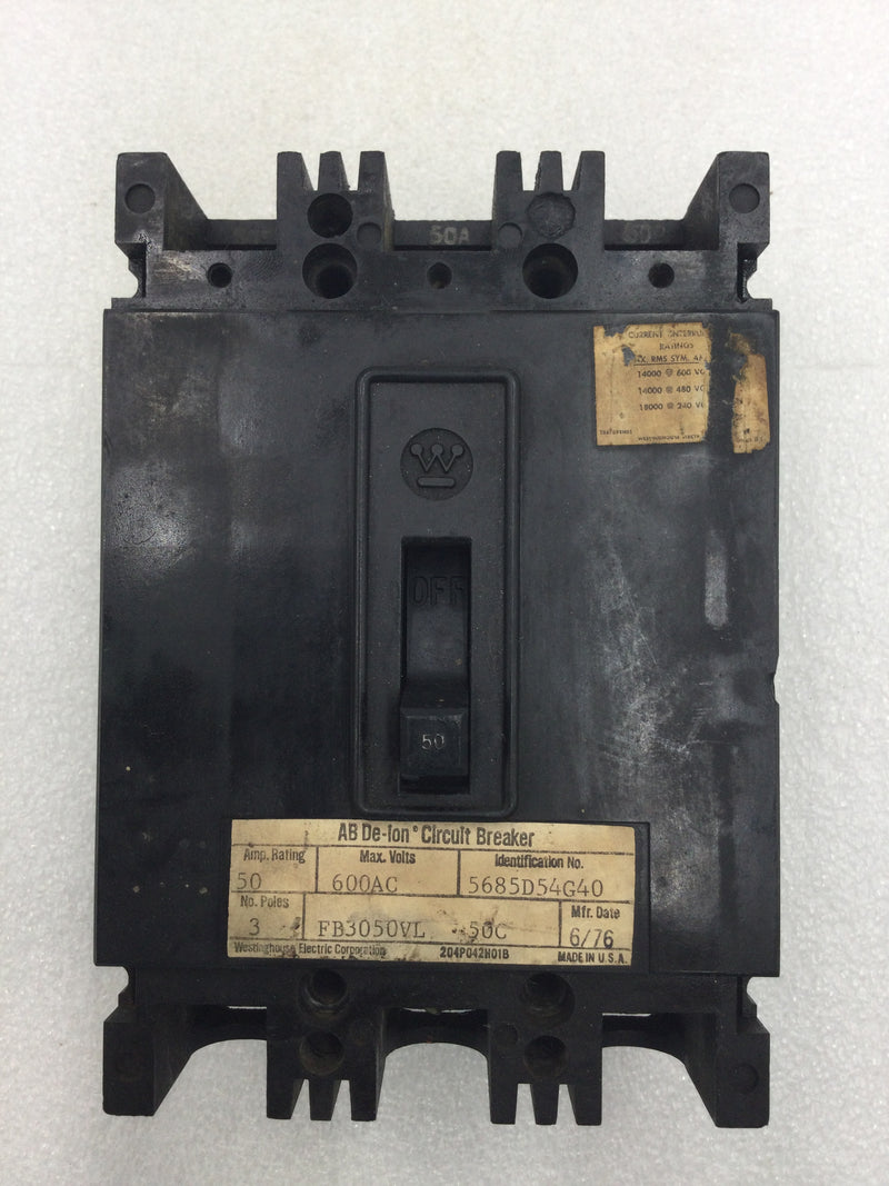 Westinghouse FB3050VL 50 Amp 3 Pole 600 VAC Type FB Circuit Breaker