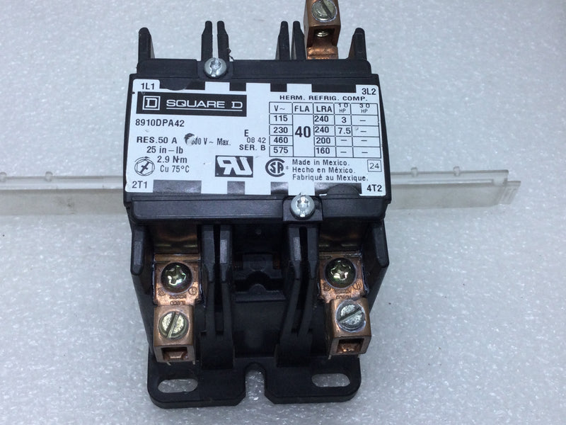 Square D 8910DPA42 Definite Purpose Contactor 50 Amp 600V Max Series B