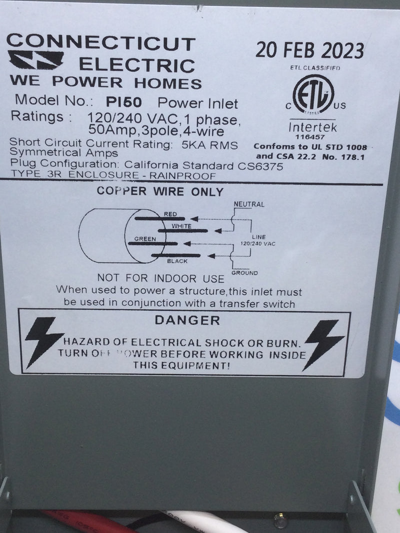 Connecticut Electric P150 50 Amp 120/240V Single Phase 3 Pole 4 Wire Generator Power Inlet Box w/Cover