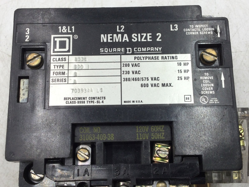 Square D 8536SDO1S Motor Starter NEMA Size 2 600V max. 50/60Hz Series A