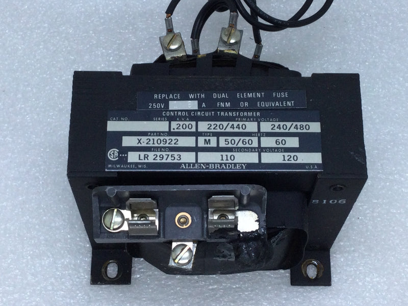 Allen-Bradley X-210922 Control Transformer 1.8 Amp 250V 50/60Hz .200KVA