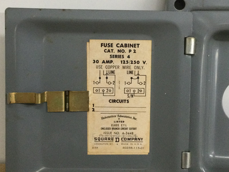 Square D Fuse Cover Only Cat. No. P 2 Series 4 30 Amp 125/250V 2 Circuits 7" x 7"