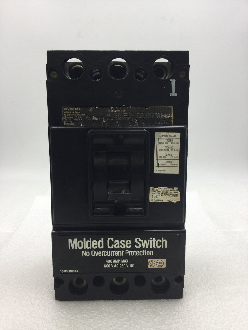 Westinghouse LB3400NW 400 Amp 3 Pole 600 VAC Molded Case Switch/Circuit Breaker