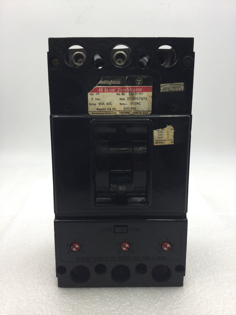 Westinghouse JA3090 90 Amp JA Frame 3 Pole 600 VAC Circuit Breaker with Adjustable Trip