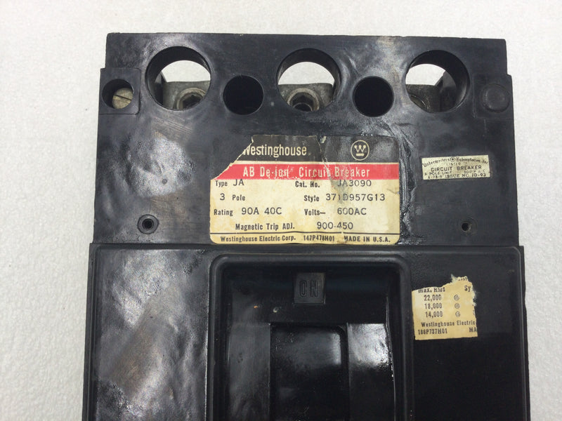 Westinghouse JA3090 90 Amp JA Frame 3 Pole 600 VAC Circuit Breaker with Adjustable Trip