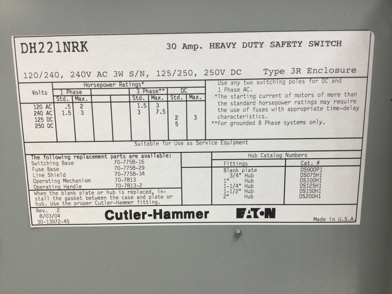 Eaton DH221NRK 30 Amp 2 Pole 240V Fusible Nema 3R Safety Switch