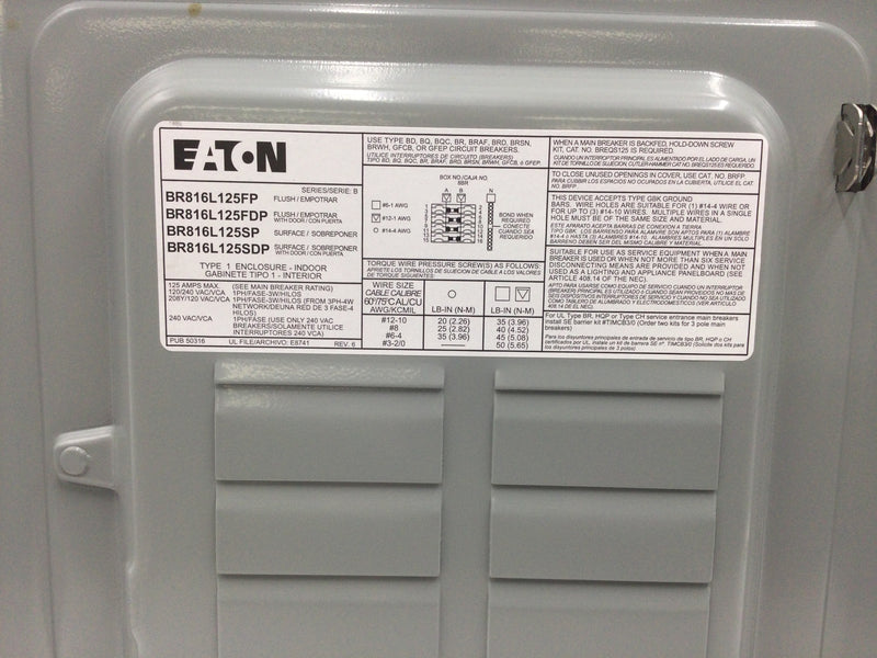 Eaton Cutler Hammer BR48L125SP 125 Amp 4 Space 8 circuit Indoor Main Lug