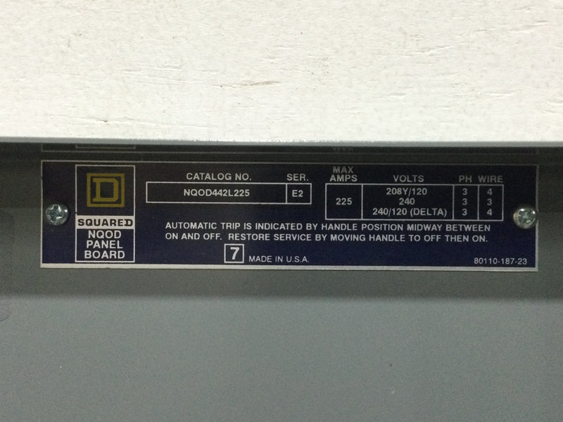 Square D NQOD442L225 225 Amp 3 Phase 4 Wire Series E2 MH50F Panelboard 50"x 20" w/Q2L3225 Circuit Breaker