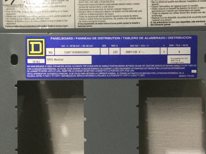 Square D 12407193690020001 225 Amp 208Y/120V 3 Phase 4 Wire Panelboard