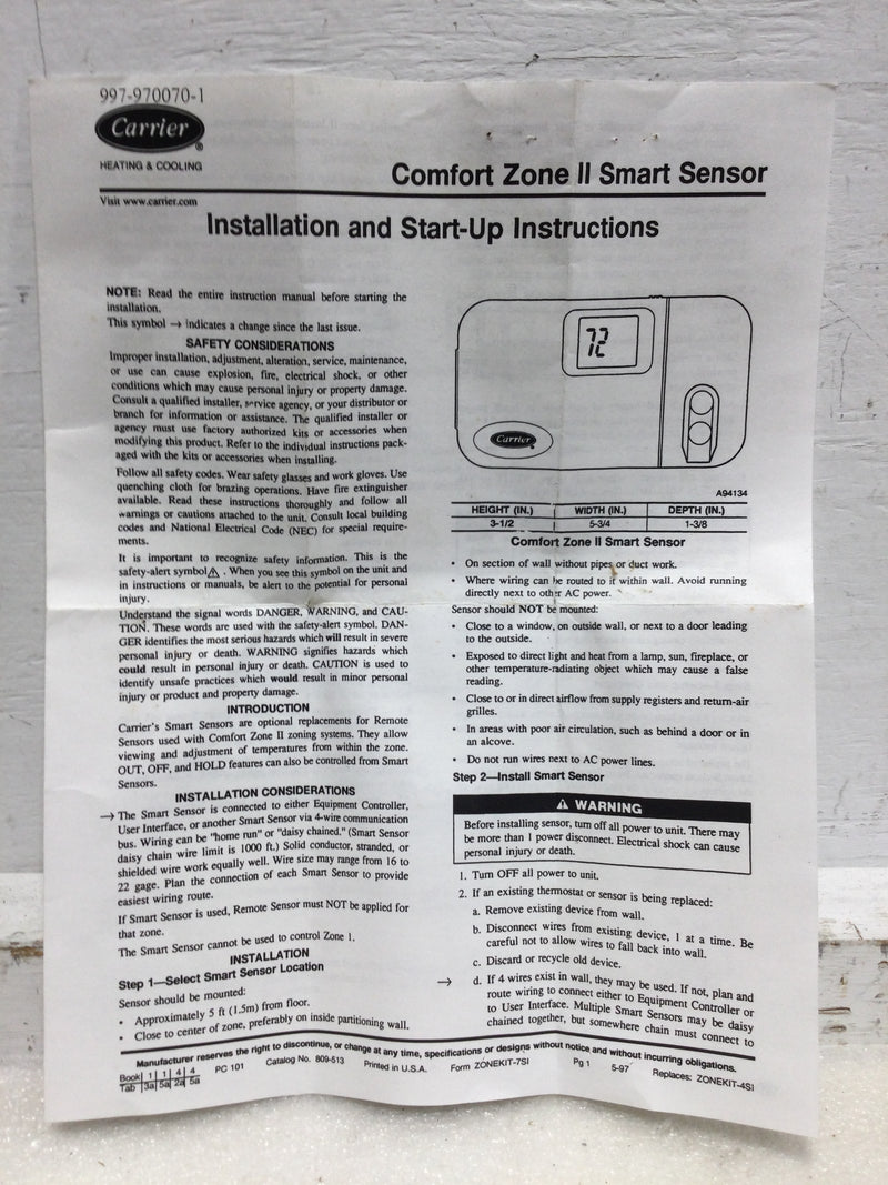 Carrier ZoneCC0SMS01 Smart Sensor