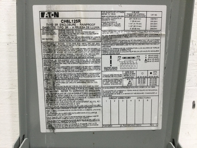 Eaton CH6L125R Main Lug Load Center - 125A - 6 circuits - NEMA 3R