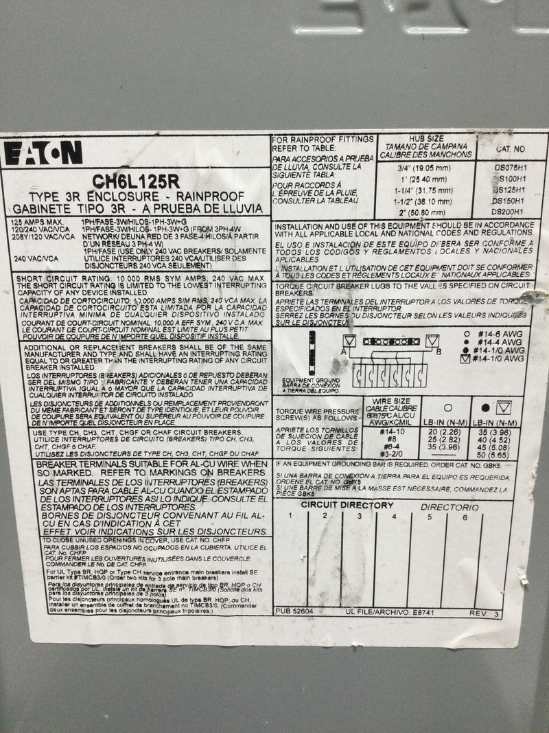 Eaton CH6L125R Main Lug Load Center - 125A - 6 circuits - Panel Guts Only