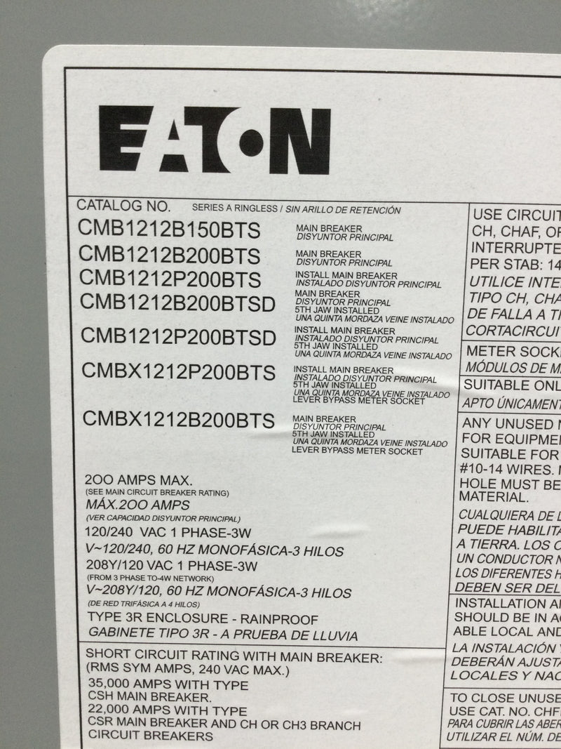 Eaton Cutler Hammer CMB1212P200BTS 200 Amp 120/240v Panel Door Cover Nema3r 21" x 14 1/4"