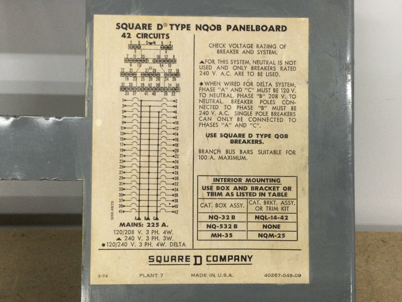 Square D NQOB-424 Dead Front Only 42 Space 225 Amp 120/208V 3 Phase 4 Wire 120/240V 3 Phase 3 Wire 25 3/4" x 8 3/4"