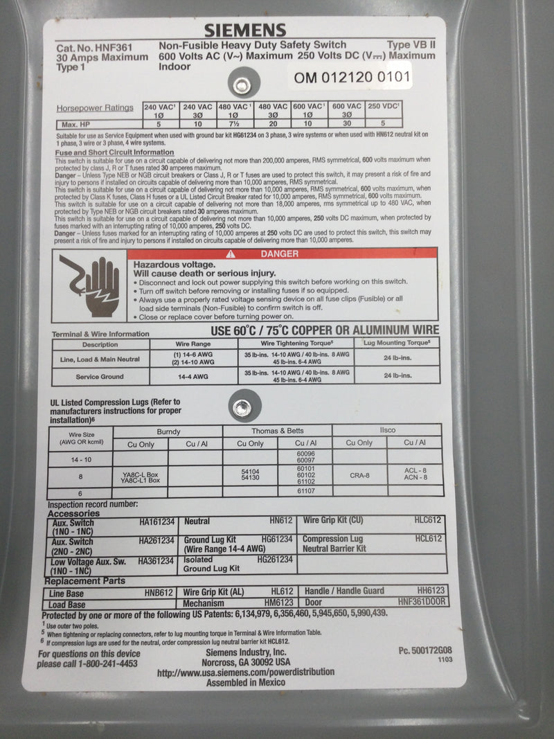 Siemens HNF361 Heavy Duty Safety Switch 30 Amp 600 VAC Nema Type 1 8" x 12"