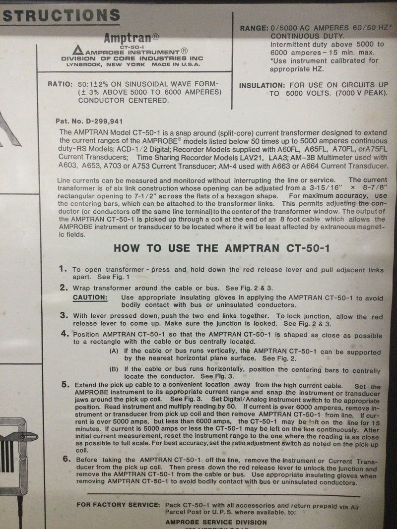 Amprobe Amptran CT-50-1 High Current Transformer in Carrying Case Range 0/5000 AC Amperes 60/50 Hz
