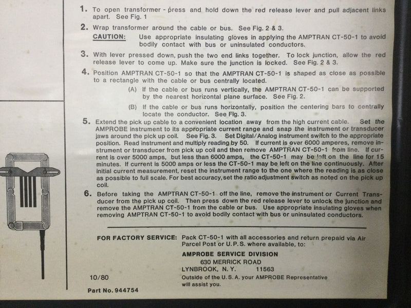 Amprobe Amptran CT-50-1 High Current Transformer in Carrying Case Range 0/5000 AC Amperes 60/50 Hz