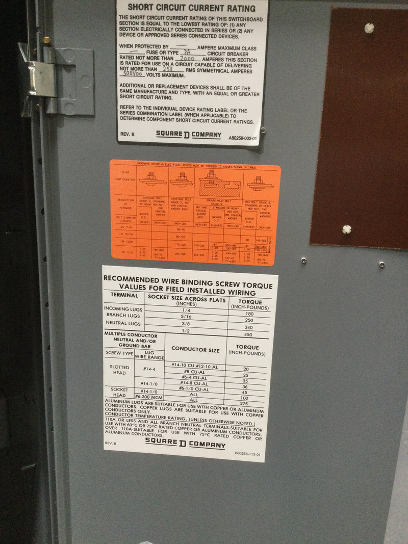 Square D D-21585 2000 Amp 480/277v 3ph 4w Switchboard Main Breaker
